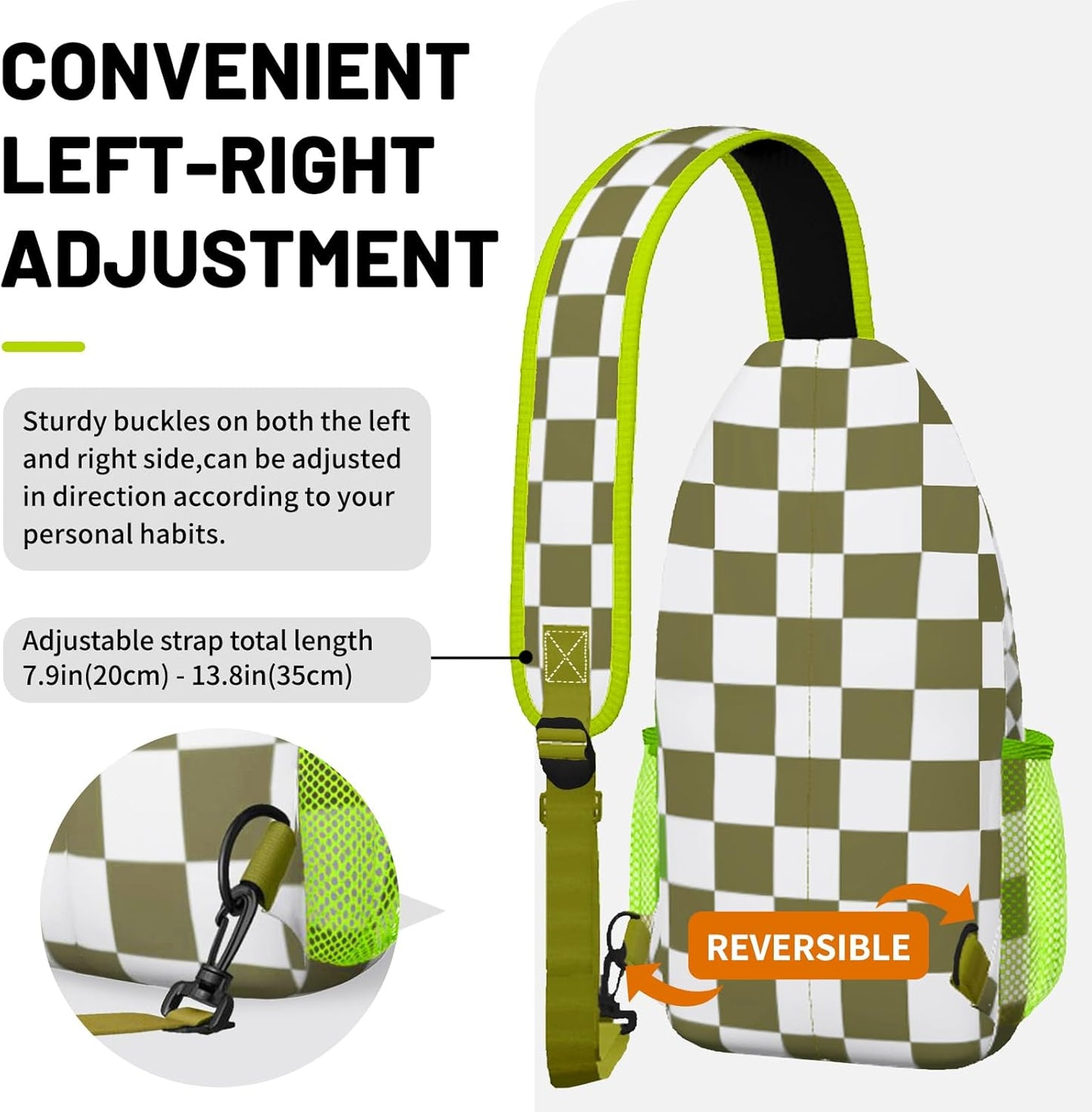 Green White Checkered Sling Bag Crossbody Chest Bag for Women Men, Water Resistant Lightweight Casual Crossbody Bag with Adjustable Strap, Travel Hiking Daypack Shoulder Backpack