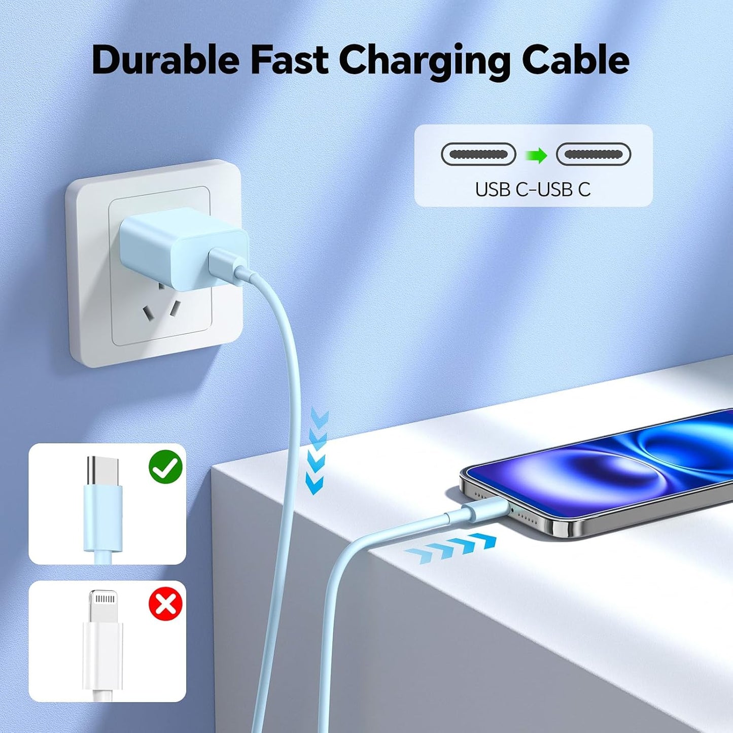 i Phone Charger Fast Charging, 3Pack 20W 10FT USB Charger Cable + USB C Charging Block, Compatible with i Phone 15 16 17 Pro/Max/Plus - Purple Green Blue