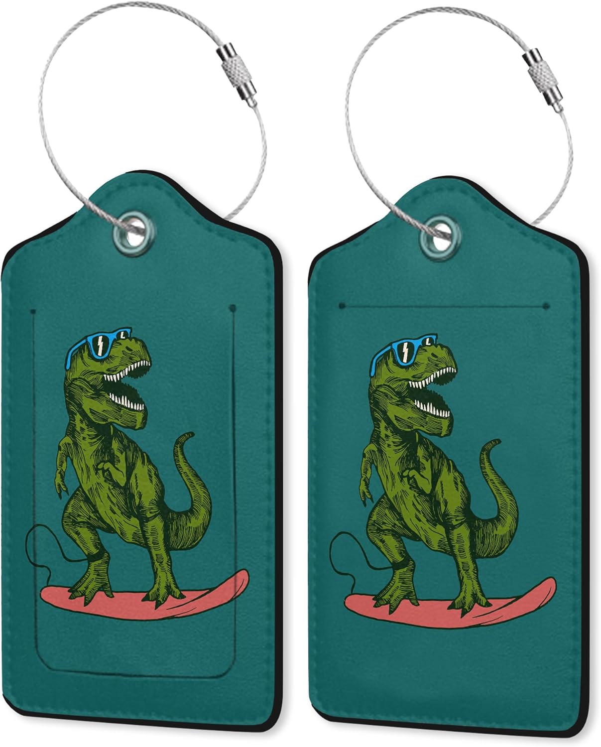 2 Pack Luggage Tag for Suitcase,Dinosaur Leather Suitcase Tags Identifiers with Privacy Name Address Labels & Durable Steel Loop for Women/Men Travel,Happy Dinosaur Surfer
