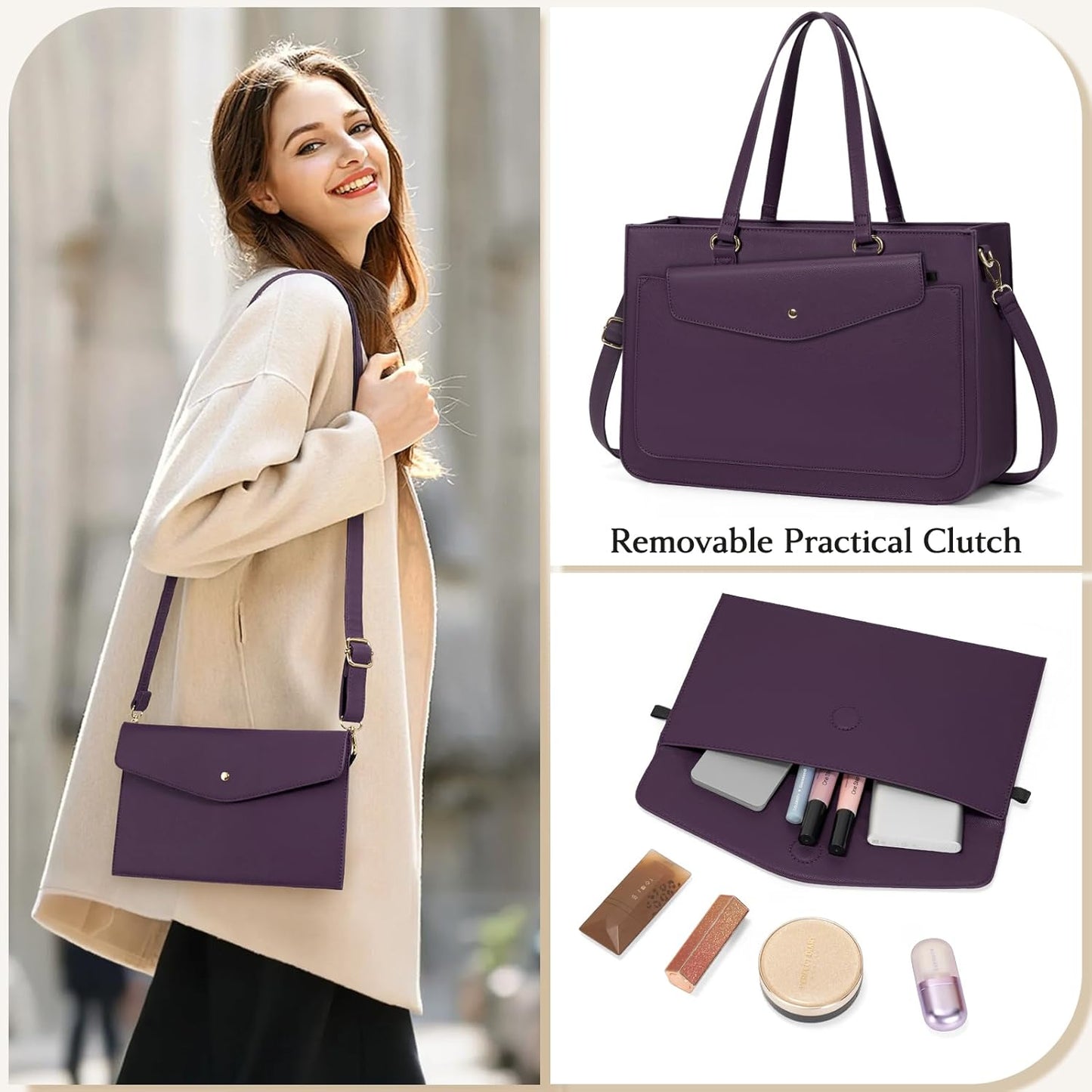 RAINSMORE Laptop Bag for Women 15.6 Inch Work Tote Bags Leather Laptop Tote Waterproof Computer Bag Professional Office Business Briefcase Large Handbag for College Teacher Travel, Purple