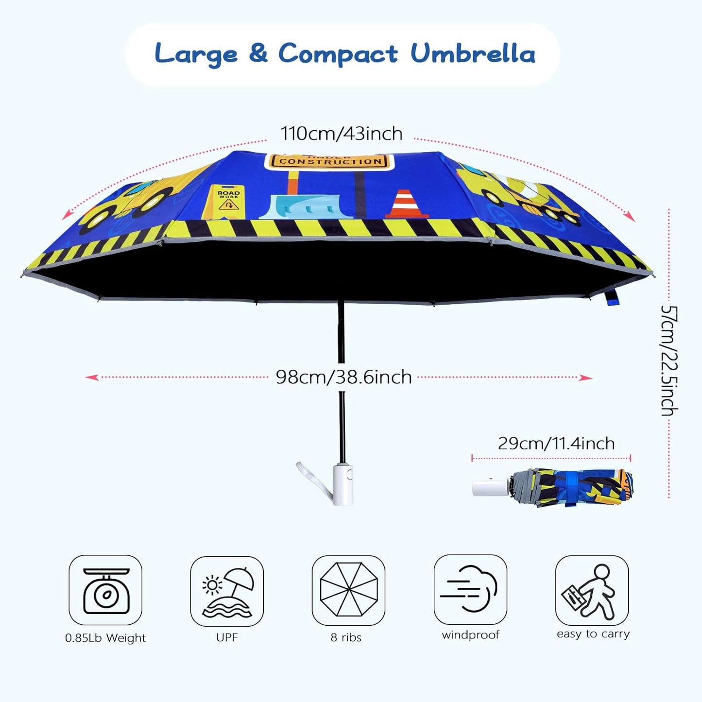 Kids Folding Umbrella Auto Open/Close Anti-rebound Safe Design UV Resistant Automatic Children Travel Umbrellas 8 Rib Reinforced Canopy 360° Reflective Strip Lightweight Cute Umbrella for Girls & Boys