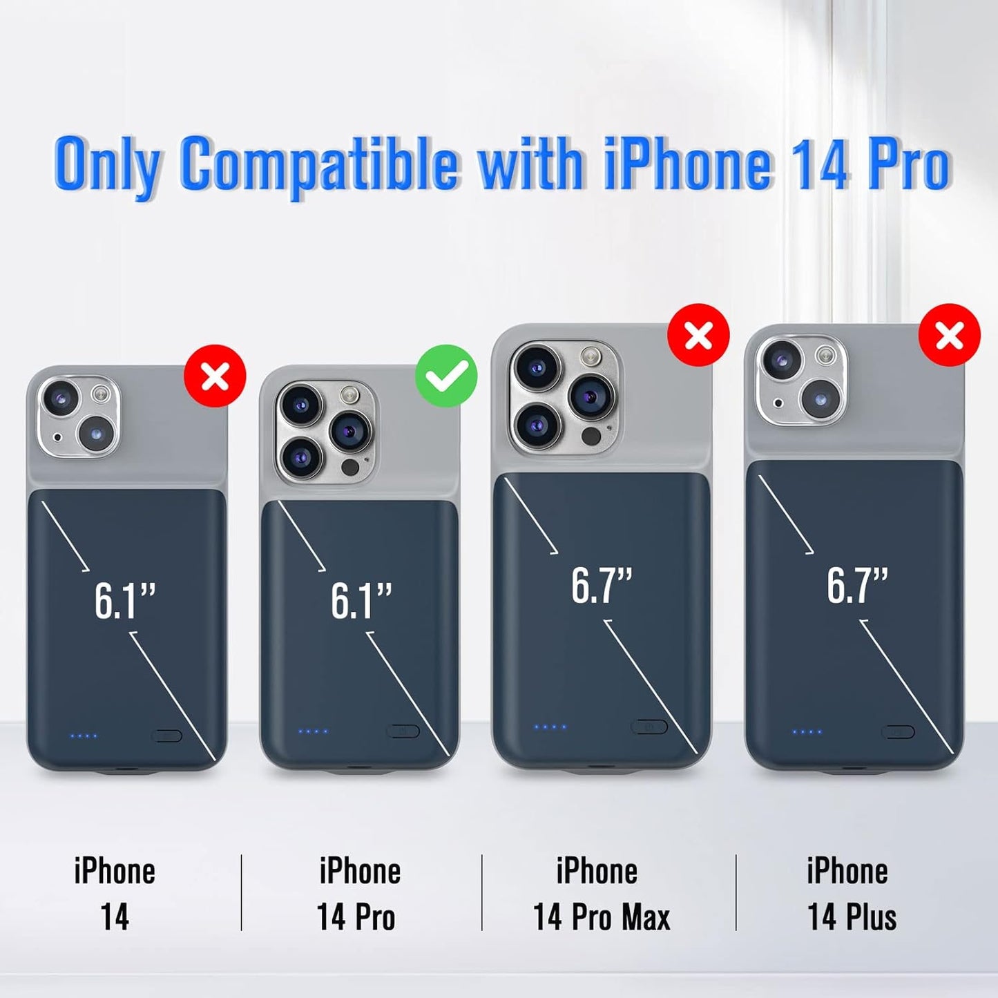 Gladgogo Charging Case for iPhone 14 Pro, Real 7000mAh Powerful Smart Battery Case Charger Cover Rechargeable Extended Battery Pack Compatible with iPhone 14 Pro (6.1 inch) - Blue