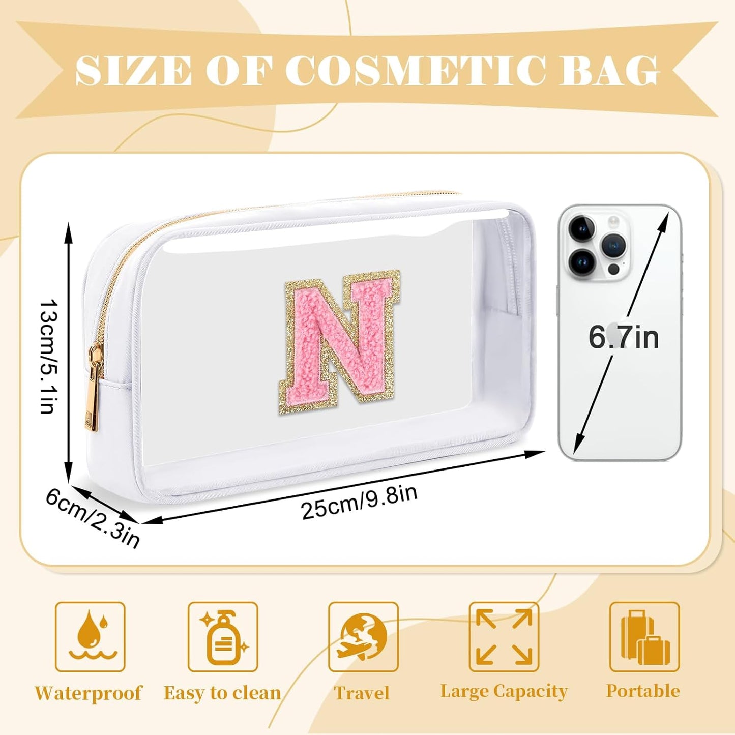 Personalized Initial Letter Clear Makeup Bag,Preppy Small Nylon&PVC Cosmetic Zipper Bag with Chenille Letter,Travel Skincare Toiletry Bag,Monogram Christmas Gift for Teen Girls Women,N