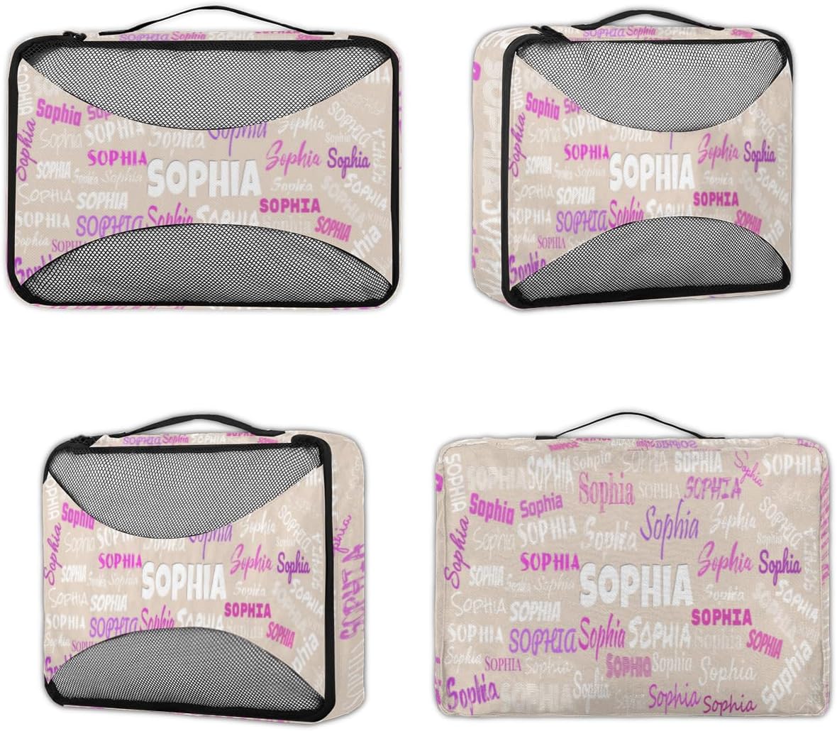 Custom Name 4 Pcs set travel luggage organizer Mesh Travel Essentials for Suitcases, Beige Background