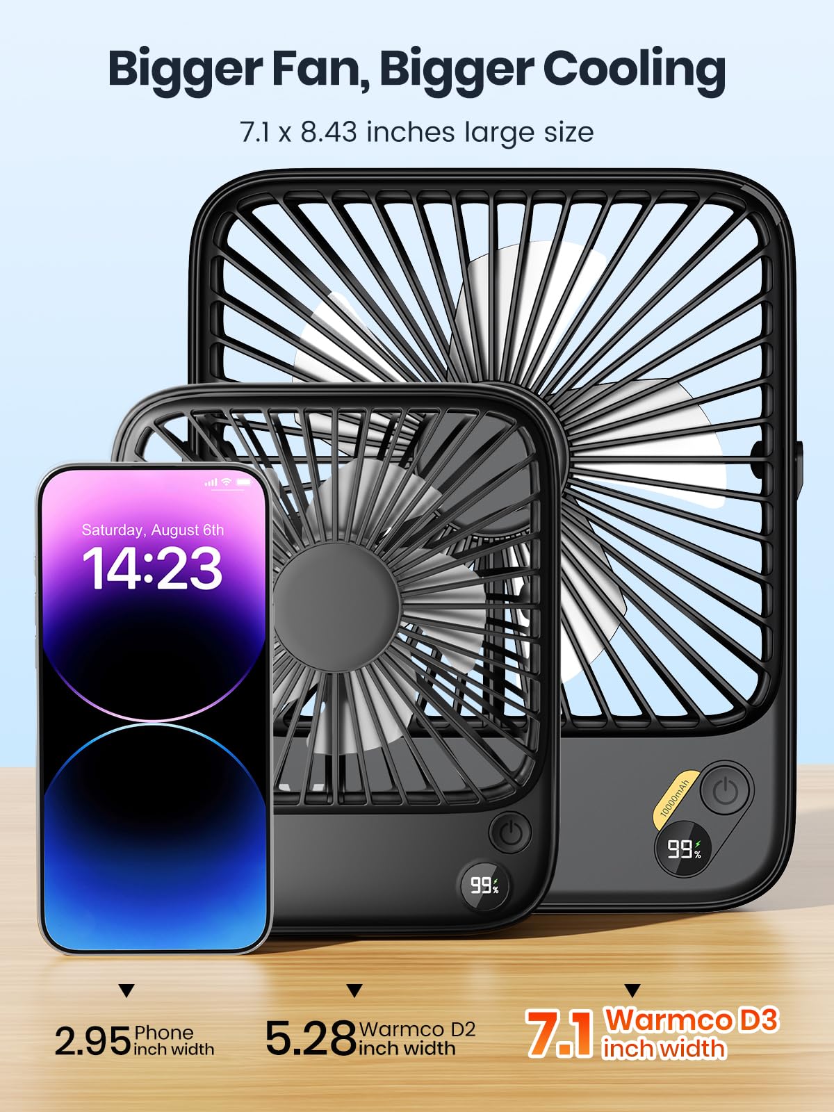 Warmco D3 10000mAh Portable Travel Fan 7-inch, Up to 24H Runtime
