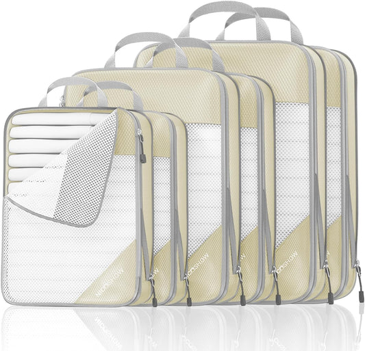 Compression Packing Cubes 6 Set, Compressible Space-Saving Packing Cubes for Travel - Compression Bags, Luggage Organizer, Travel Essentials for Women, Beige