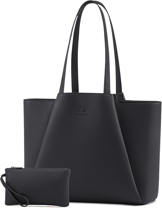 LOVEVOOK Women's Lead Gray 15.6 Inch Laptop Tote Bag, Large Capacity Work Bag with Clutch, Water Resistant PU Leather, Reinforced Bottom
