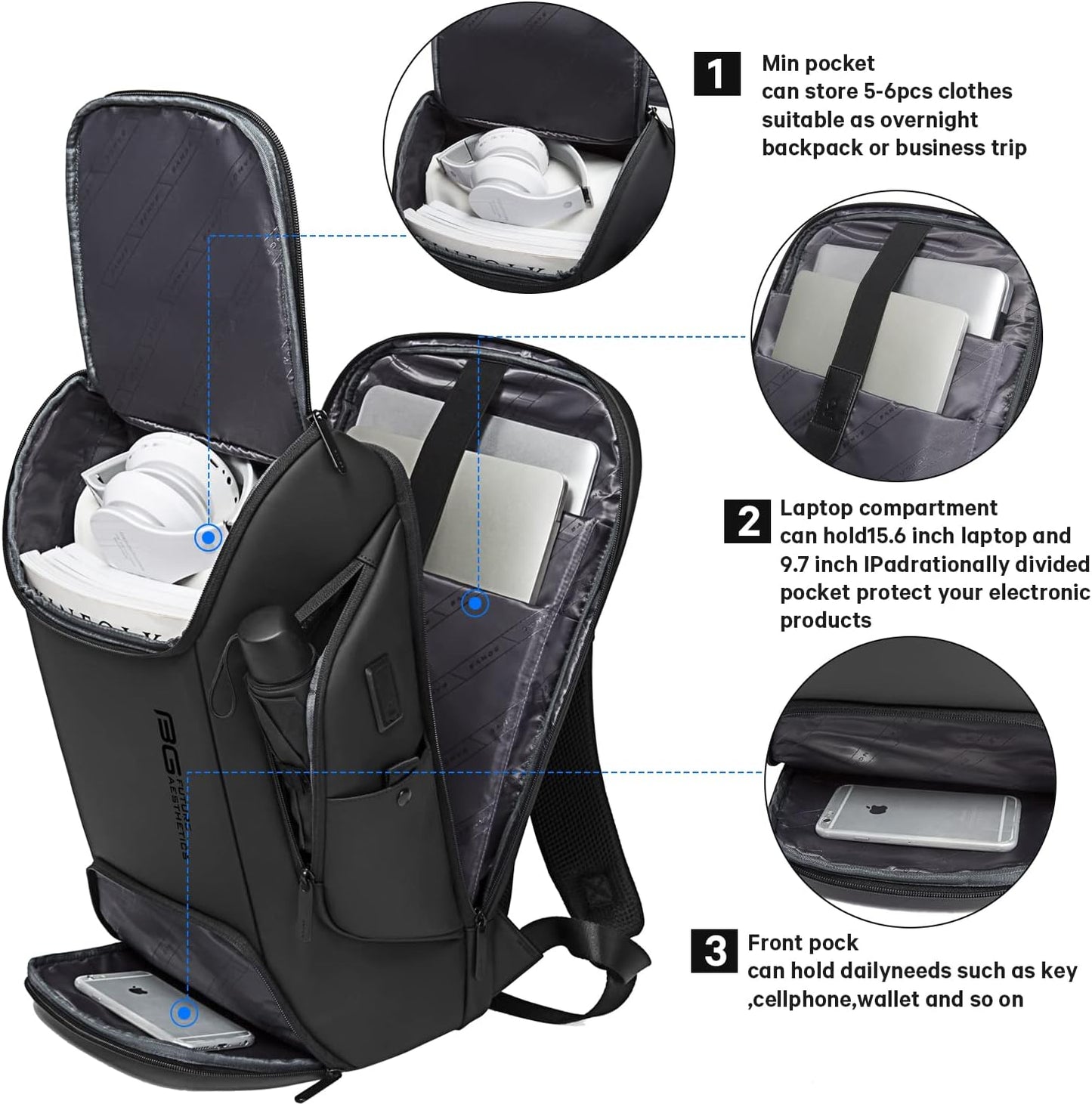 BANGE Business Laptop Smart backpack Can Hold 15.6 Inch Laptop Commute Backpack Carry on bag for men and women (Black)