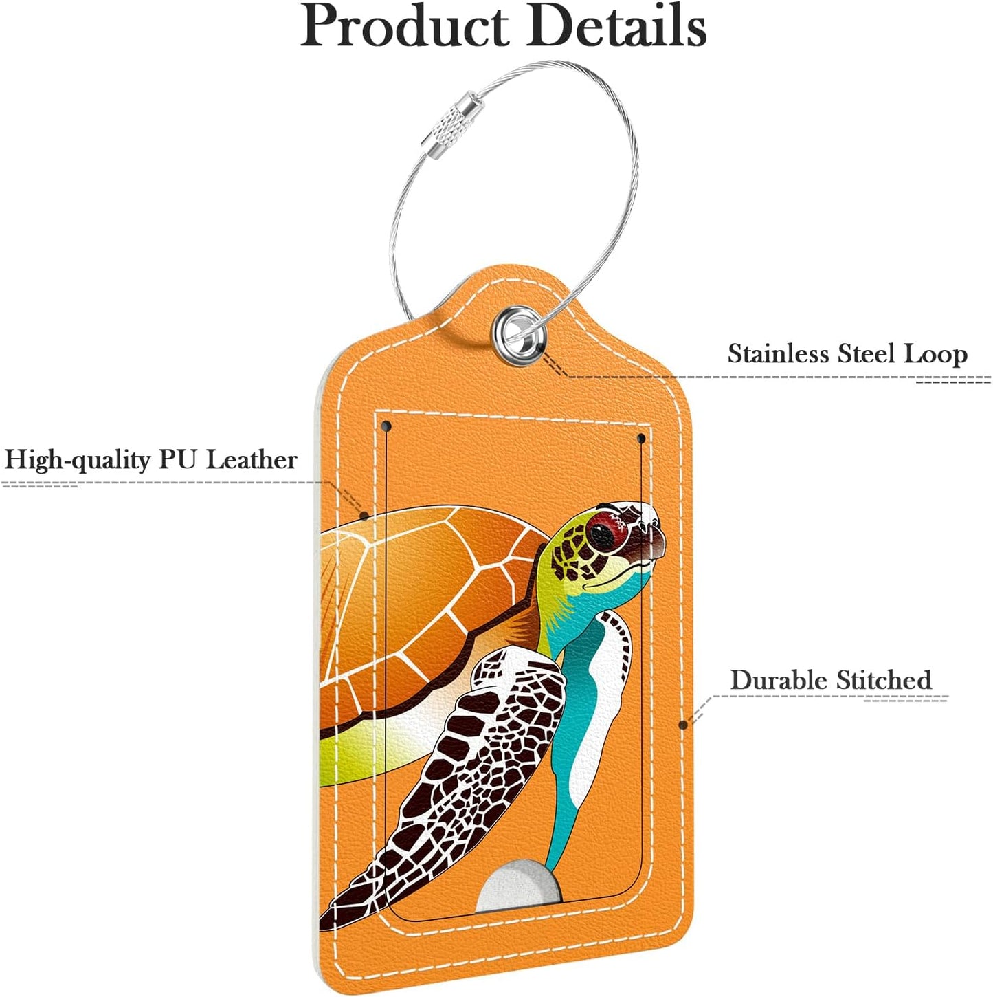 Luggage Tags for Suitcase, 2 Pack PU Leather Travel Cruise Luggage Tag with Privacy Flap, Name ID Label and Metal Loop for Women Men Girls Suitcase Baggage Bag Backpack, Turtles Orange