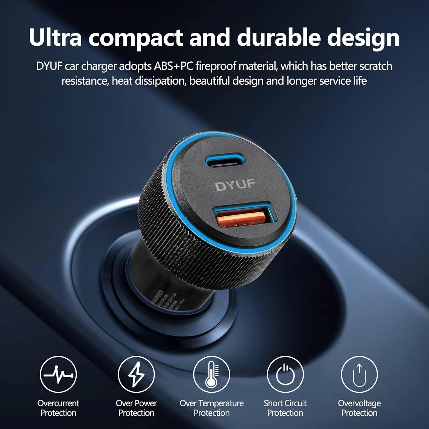 DYUF USB C Car Charger 48W,Fast Car Charger Adapter,with 60W Type C Fast Charging Cable,Dual USB Port PD30W&QC3.0 18W Car Phone Charger,for Samsung Galaxy S22/S21/Ultra 5G,Note 20/10、iPad Pro,Etc