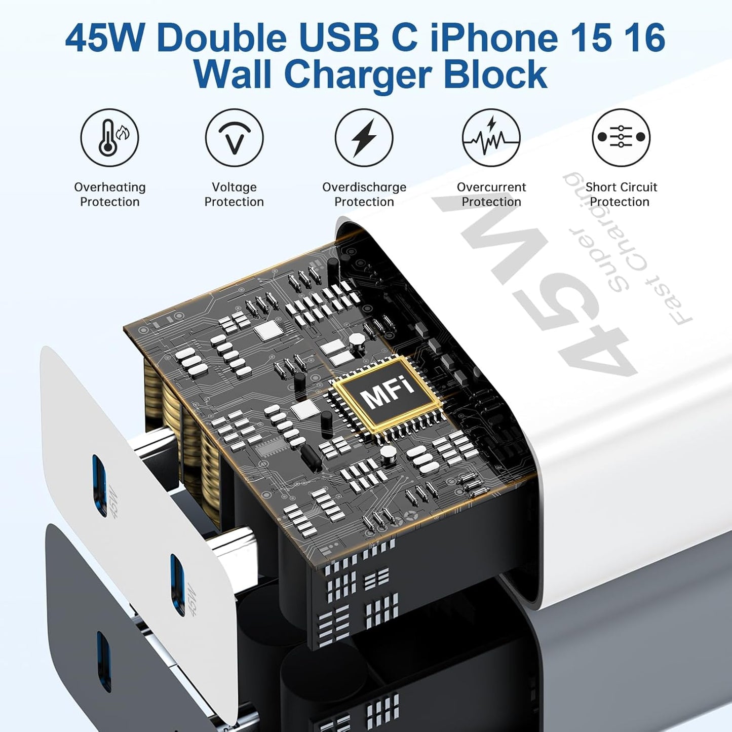 45W Dual Port iPhone 17 16 15 Charger Fast Charging and 6ft 10ft Type C to C Cable Cord Long, USB C Wall Block Plug for Apple iPhone 17 Pro Max/17 Air/16 Pro Max/16/15 Plus/15 Mini/iPad Cube Brick Box