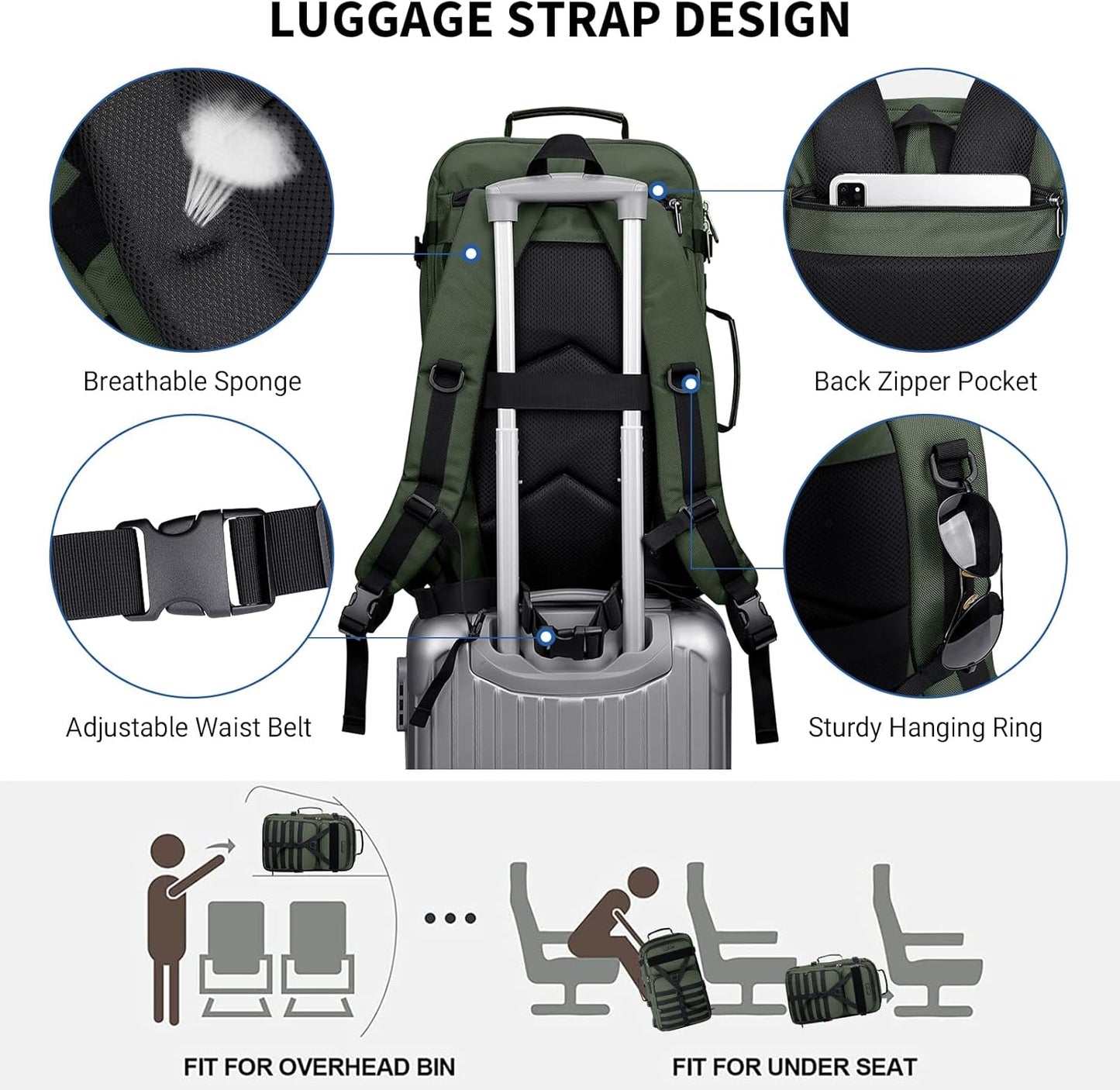 WITZMAN Carry On Travel Backpack for Men Large Convertible 45L Fit 17 Inch Laptop Backpack 3 in 1 Bag for Airline Approved(B688 Army Green)