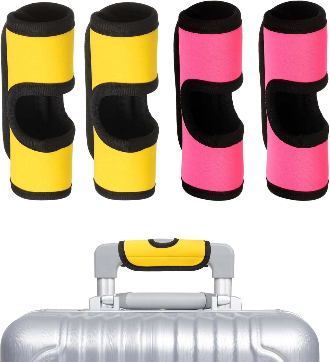 uxcell Luggage Handle Wrap, 4 Pcs Hollow Neoprene Handbag Grip Cover Protector Luggage Identifiers Suitcase Handle Wraps for Luggage Suitcase Travel Bags, Yellow/Pink