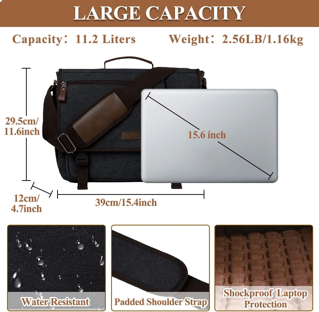 VASCHY Messenger Bag for Men,Canvas Briefcases 15.6in Laptop Bag Crossbody Satchel Computer Bags for Work Office Women