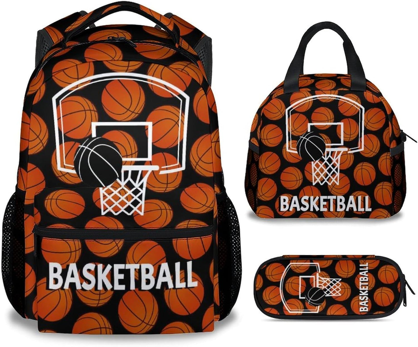 Mercuryelf Basketball Backpack with Lunch Box And Pencil Case, Elementary Kindergarten School Preschool Bookbag for Boys Girls Kids, Set of 3