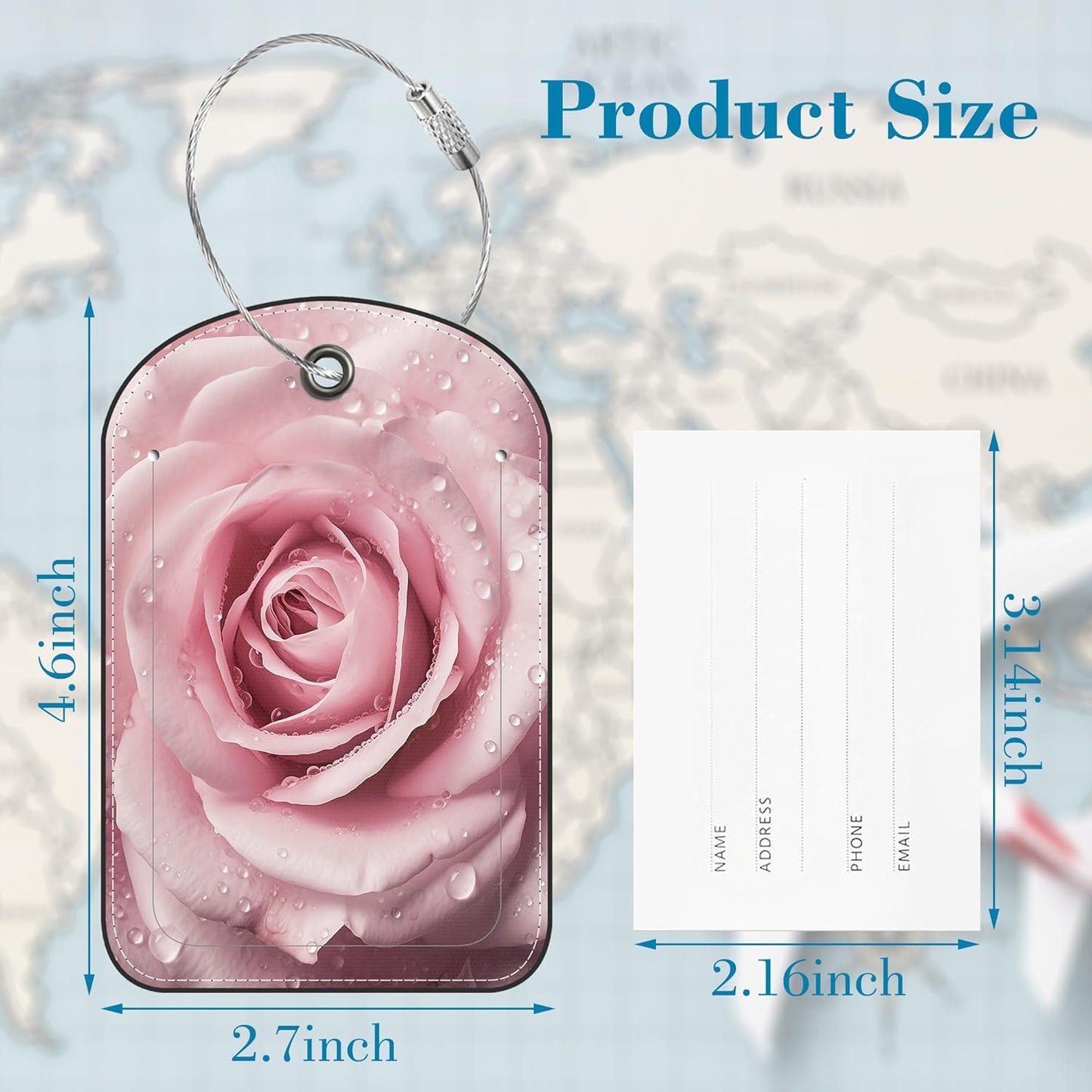 2 Pack PU Luggage Tags for Suitcase, Rose Glistering with Water Droplet Suitcase Tag Leather ID Label Bag Tags with Privacy Cover and Metal Loop for Men Women Travel Bag