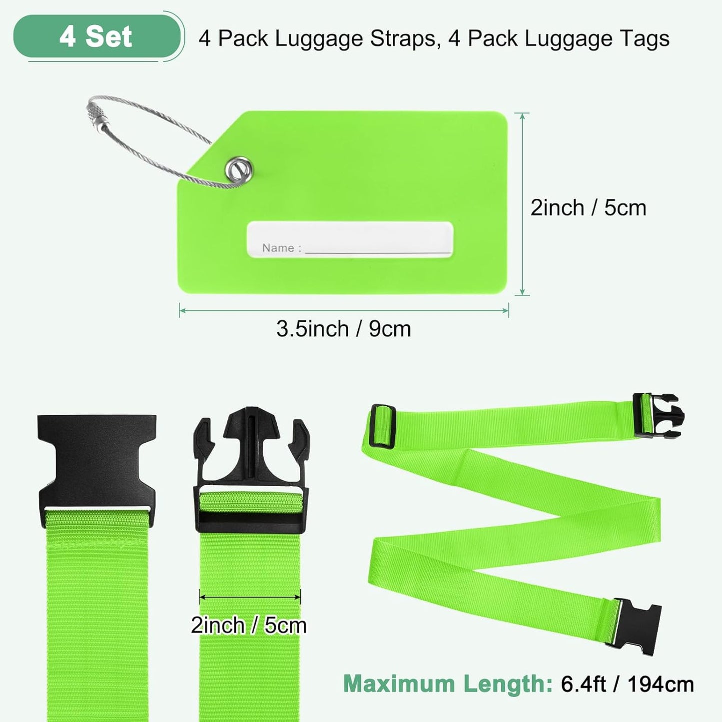 4-Sets Luggage Straps TSA Approved, Travel Straps for Luggage Suitcase Tags Set, Adjustable Suitcase Belt [Bright Green]