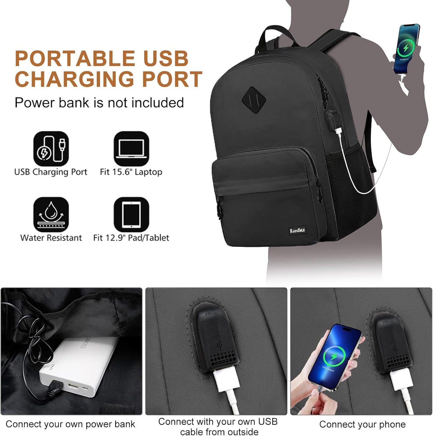 Black Backpack for School Teens Boys Girls, Lightweight Casual Backpacks for Men and Women, Classic Basic Water Resistant Casual Daypack, 15.6 Inch Laptop Bookbag for College High School Work Travel