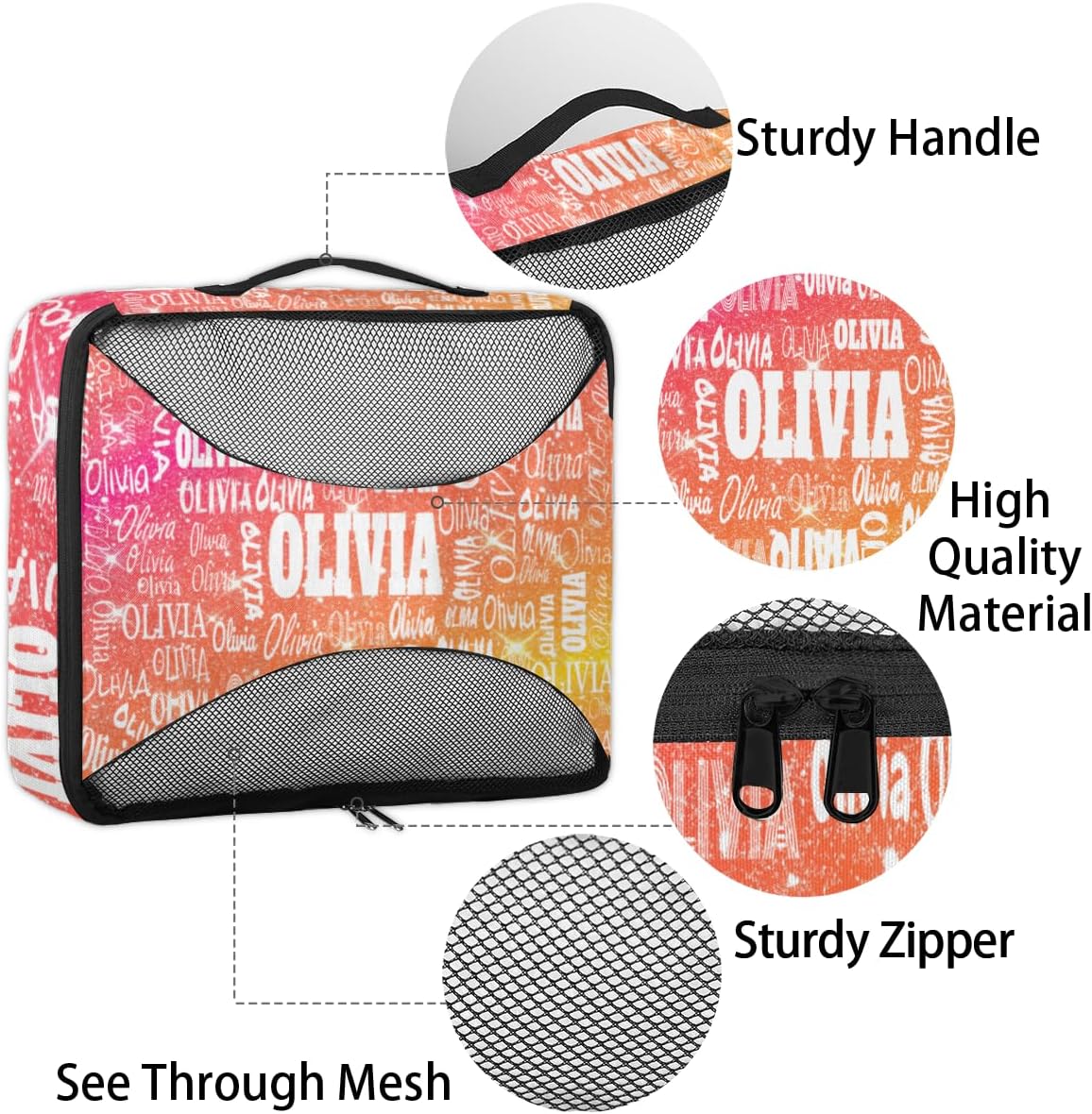 4pc Personalized Name Packing Cubes for Travel - Luggage Packing Organizers - Travel Packing Cubes for Suitcases, Shiny Glitter Starry Red Orange