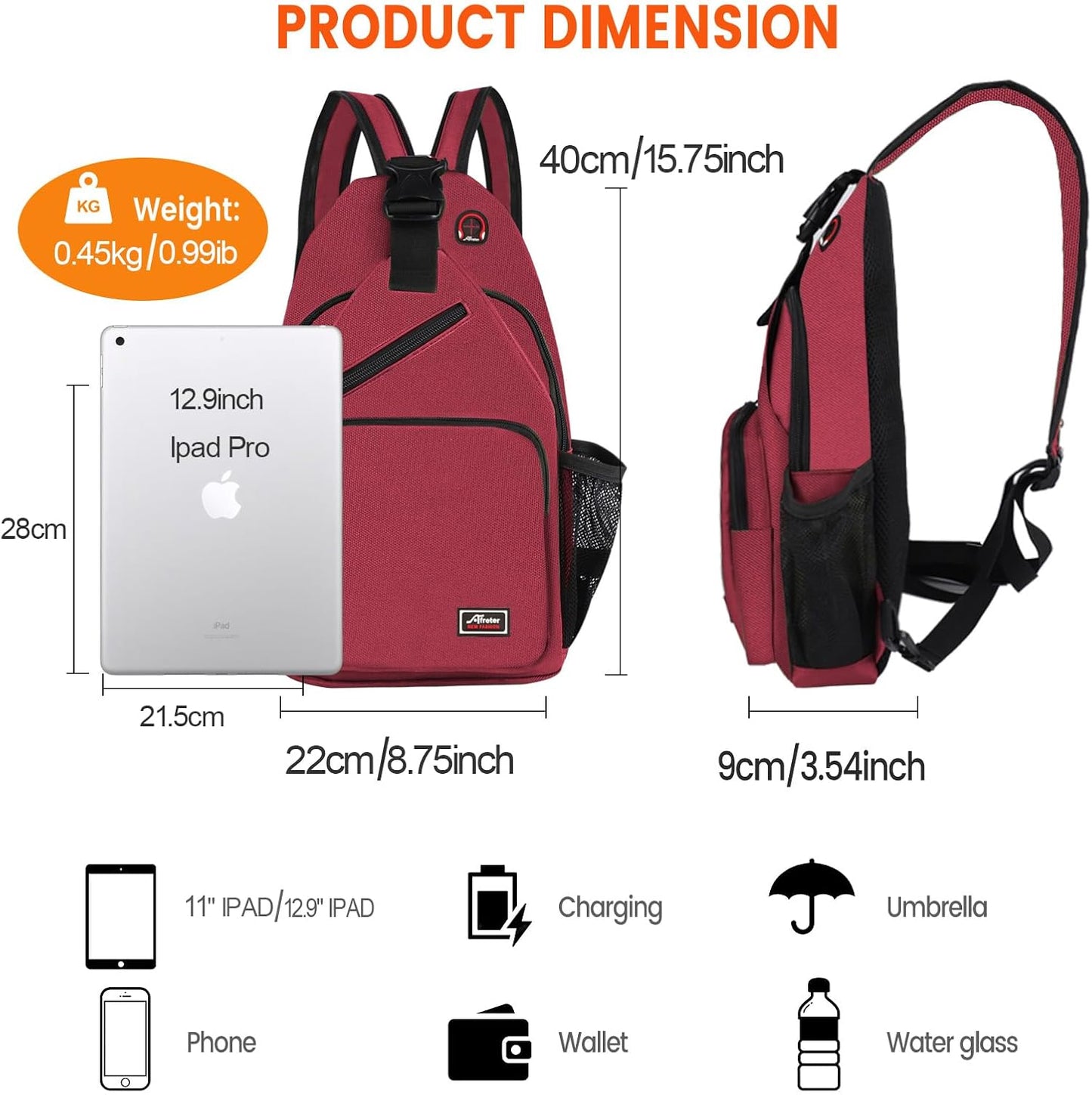 Crossbody Sling Backpack Men and Women Sling Bag Shoulder Backpack Travel Hiking Chest Bag Daypack (Red)