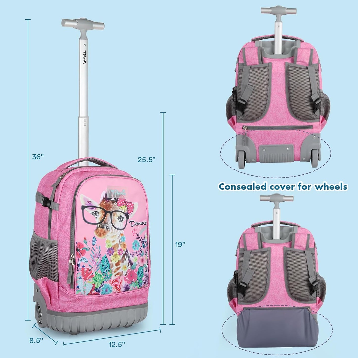 Tilami Rolling Backpack for Kids 18 Inch Wheeled Bookbag for Boys & Girls for School & Travel,Giraffe pink