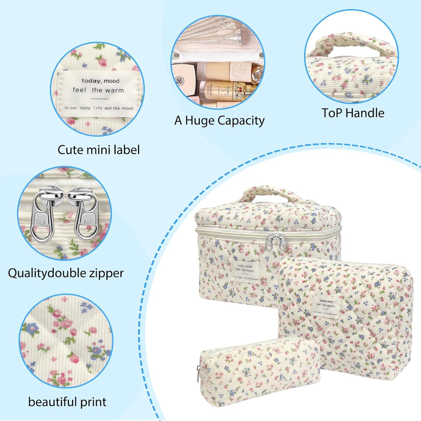 Quilted Makeup Bag, Large Capacity Travel Cosmetic Bag for Women and Girls, Aesthetic Storage for Daily and Travel Use (3pcs- Pinkditsyfloral)