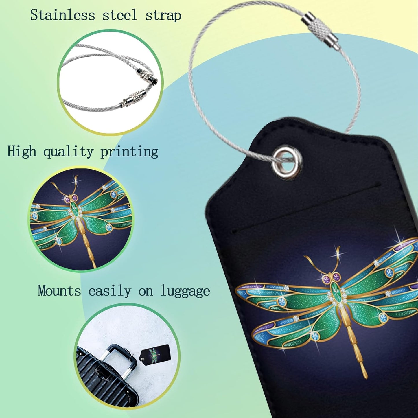 Luggage Tags for Suitcase,2 Pack Jewel Dragonfly Glitter Luggage Tag PU Leather Privacy Cover ID Label with Stainless Steel Loop for Women Men Teens Travel