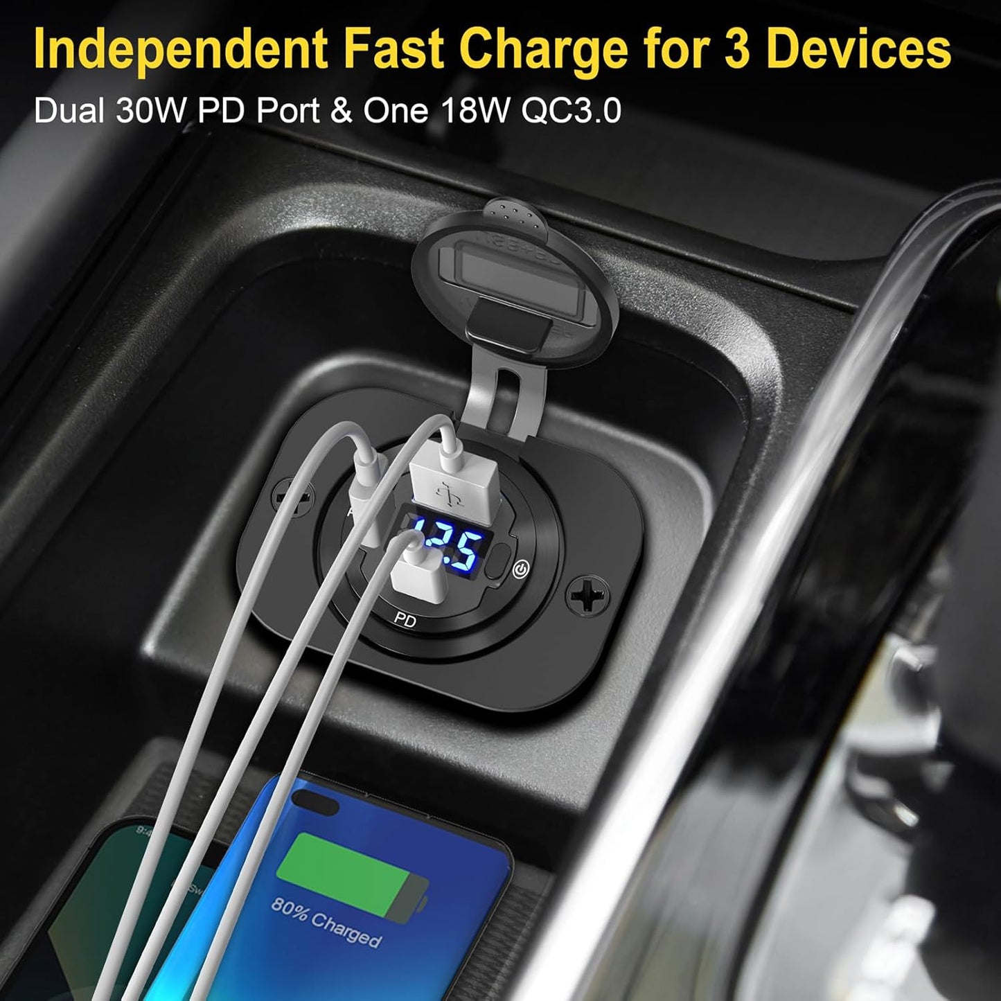 USB C Car Charger Socket 12V USB Outlet 2 Pack: Aluminum Metal 78W Dual PD 30W and 18W QC3.0 Port Multi Charger Outlet with LED Voltmeter Power Switch for RV Motorcycle Boat Marine
