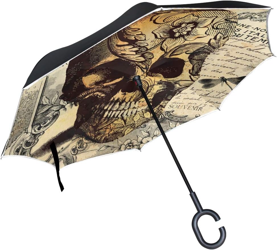 ALAZA Vintage Tattoo Skull Windproof Inverted Open Close Reverse Rain Umbrella Inside Out Quality Waterproof Parasol Upside Down Stick Shelter with Hook c Handle
