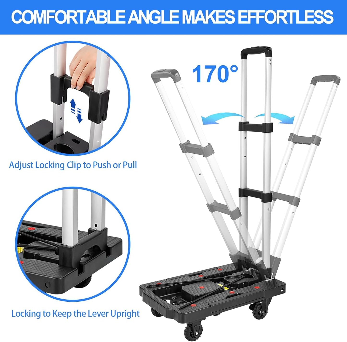 Folding Hand Truck, 330 Lbs Foldable Hand Truck Dolly Cart Heavy Duty Collapsible Trolley Portable Platform Luggage Cart with 5 Wheels & 2 Elastic Ropes for Moving Travel Home Office