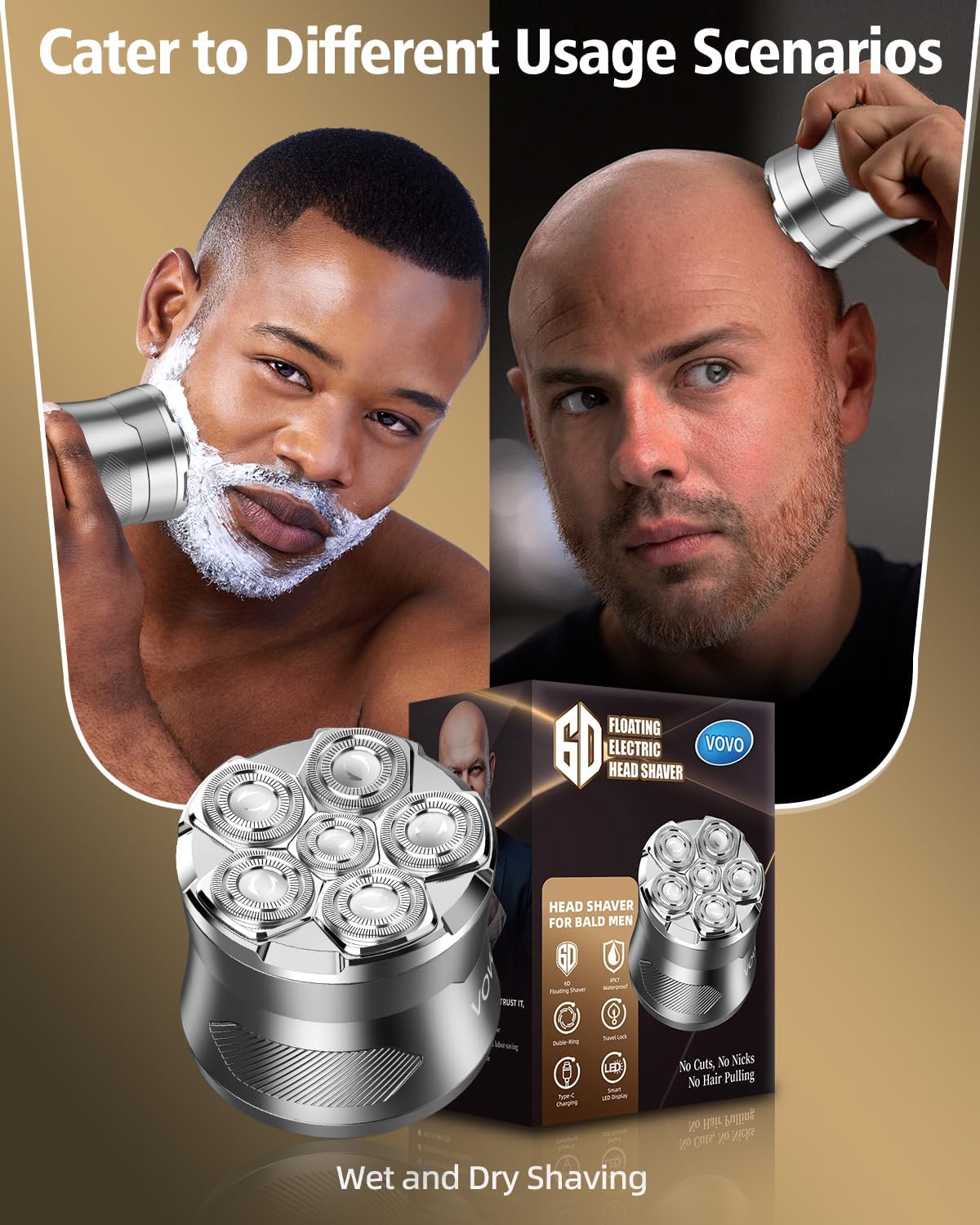 VOVO Head Shavers for Bald Men 2 Speed 6D Electric Face Head Shaver Large Capacity Cordless Type-C Rechargeable IPX7 Waterproof Bald Head Shaver Wet & Dry Use Head Razor Suitable for Home and Travel