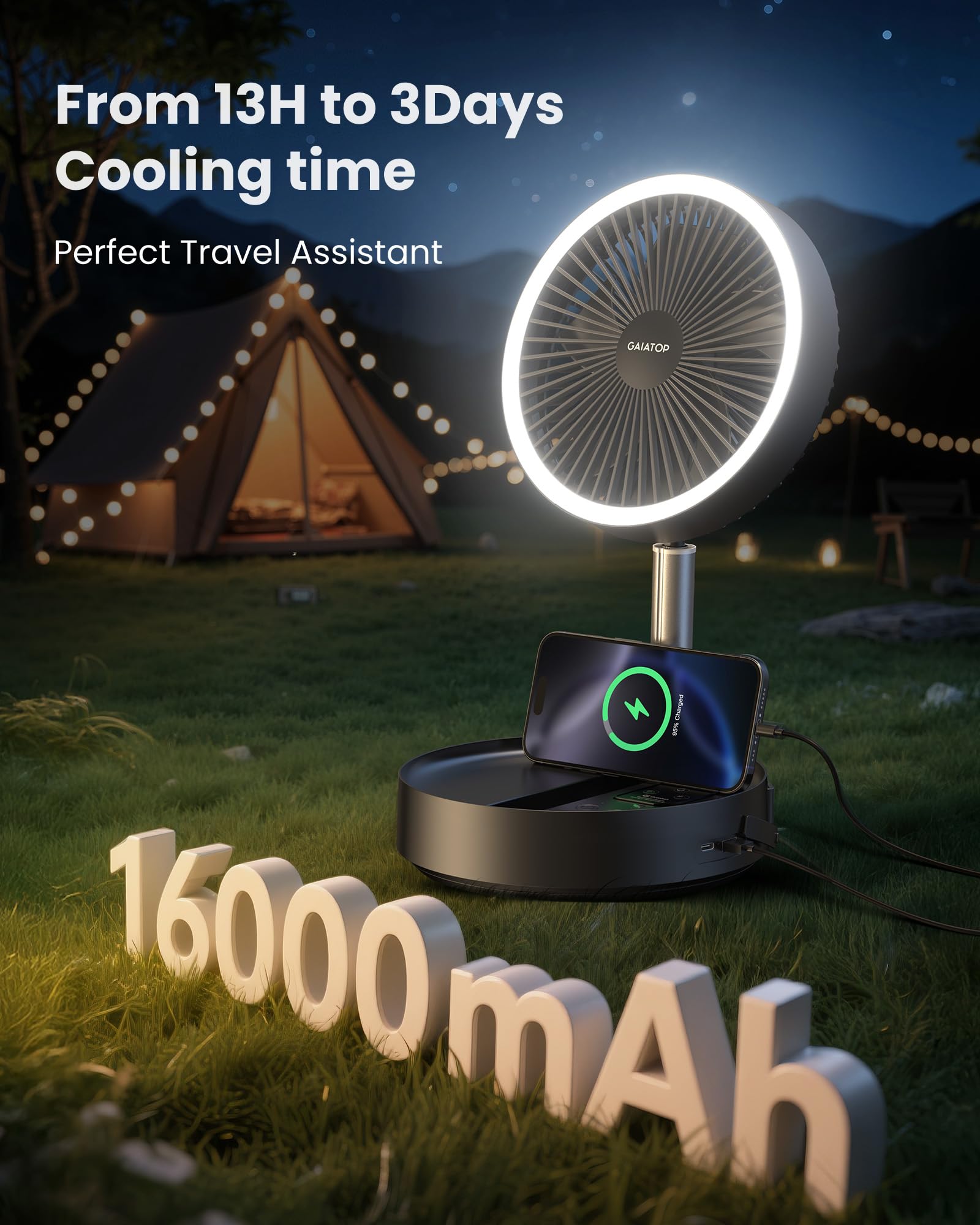 Gaiatop Portable Pedestal Fan 16000mAh Battery [Max 74h Runtime], Foldable Oscillating Standing