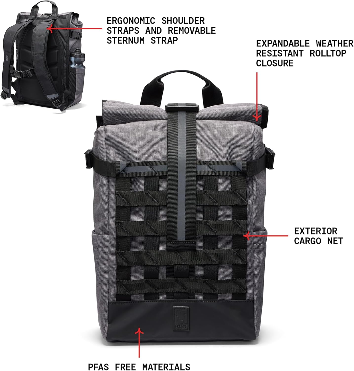 Chrome Industries Barrage 18L Castlerock Twill Roll-Top Backpack – Water Resistant Bag for Work, School, Travel – Features Cargo Net & Laptop Pocket