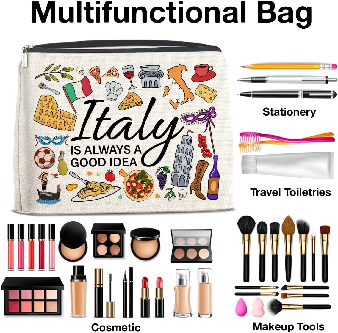 Italy Travel Cosmetic Bag, Multicolor, Waterproof, Zipper Closure, Double-Sided Printing, Rectangular, 9.6"L x 6.7"H, Perfect for Travel and Daily Use