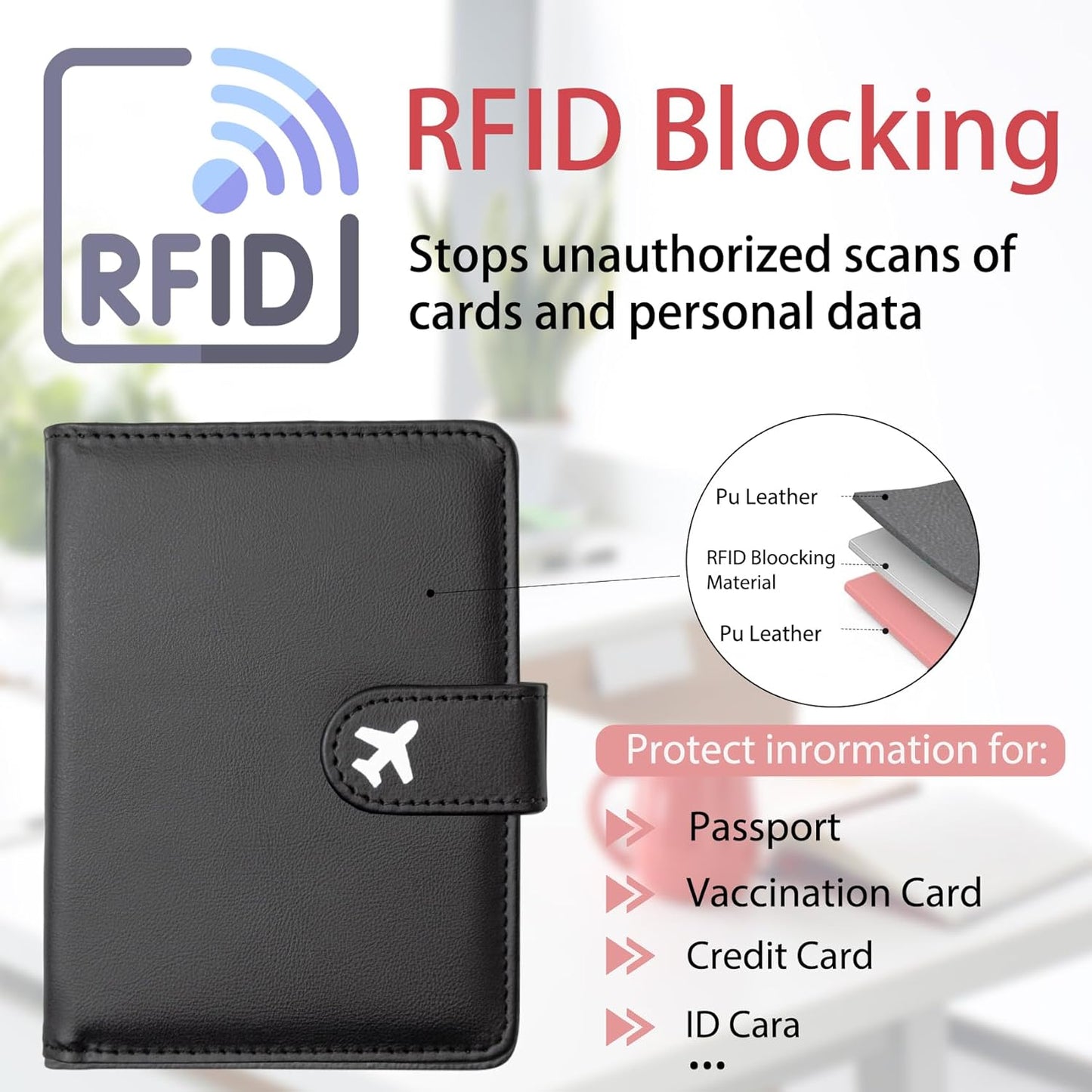 Passport Holder, Travel Wallet Cover with Pen Loop | Cute RFID Blocking Leather Case with Magnetic Closure for Travel Essentials-Black