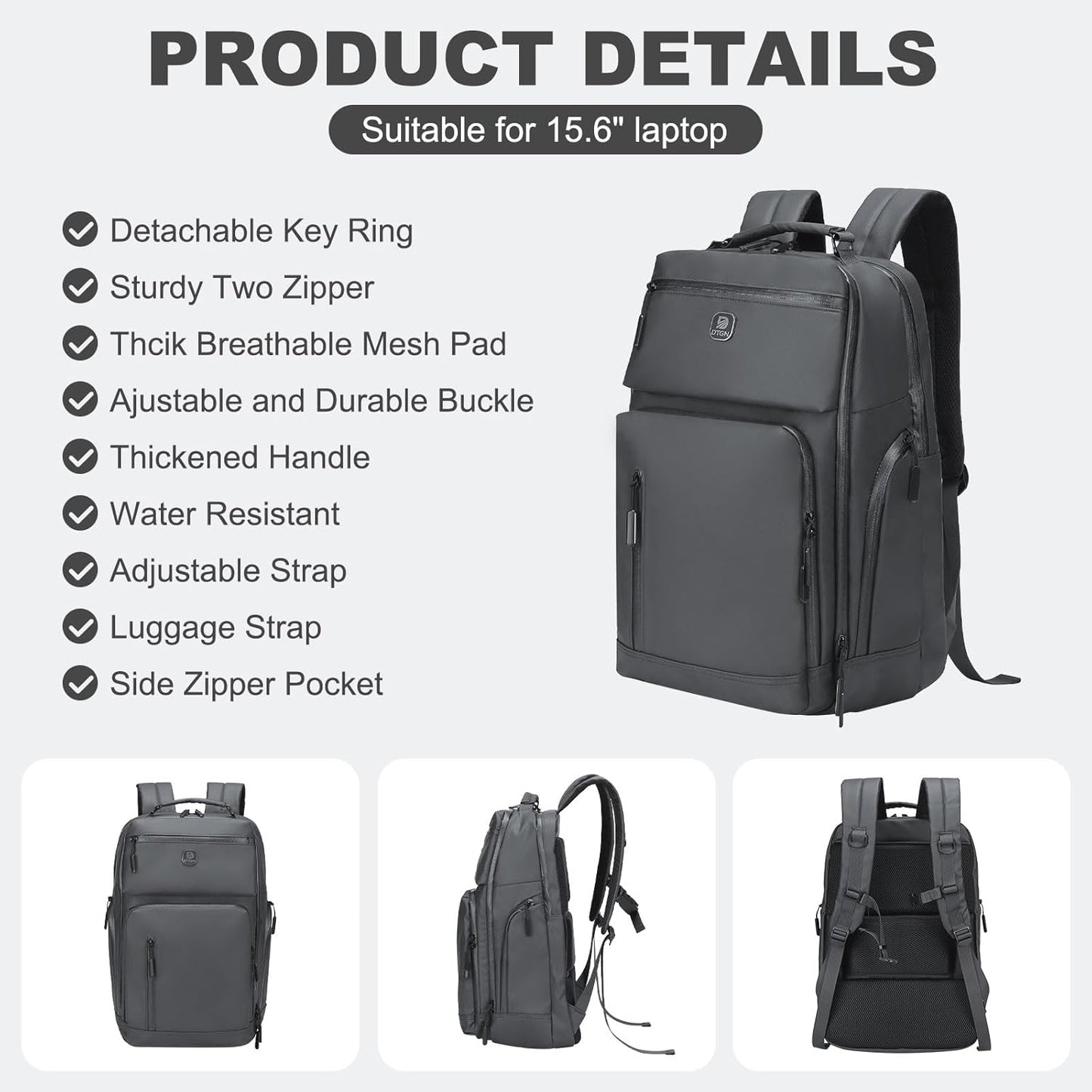 Large Capacity Water Resistant Laptop Backpack, 17 Inch Airplane Approved Durable Bag for College, Business Travel, Light Gray