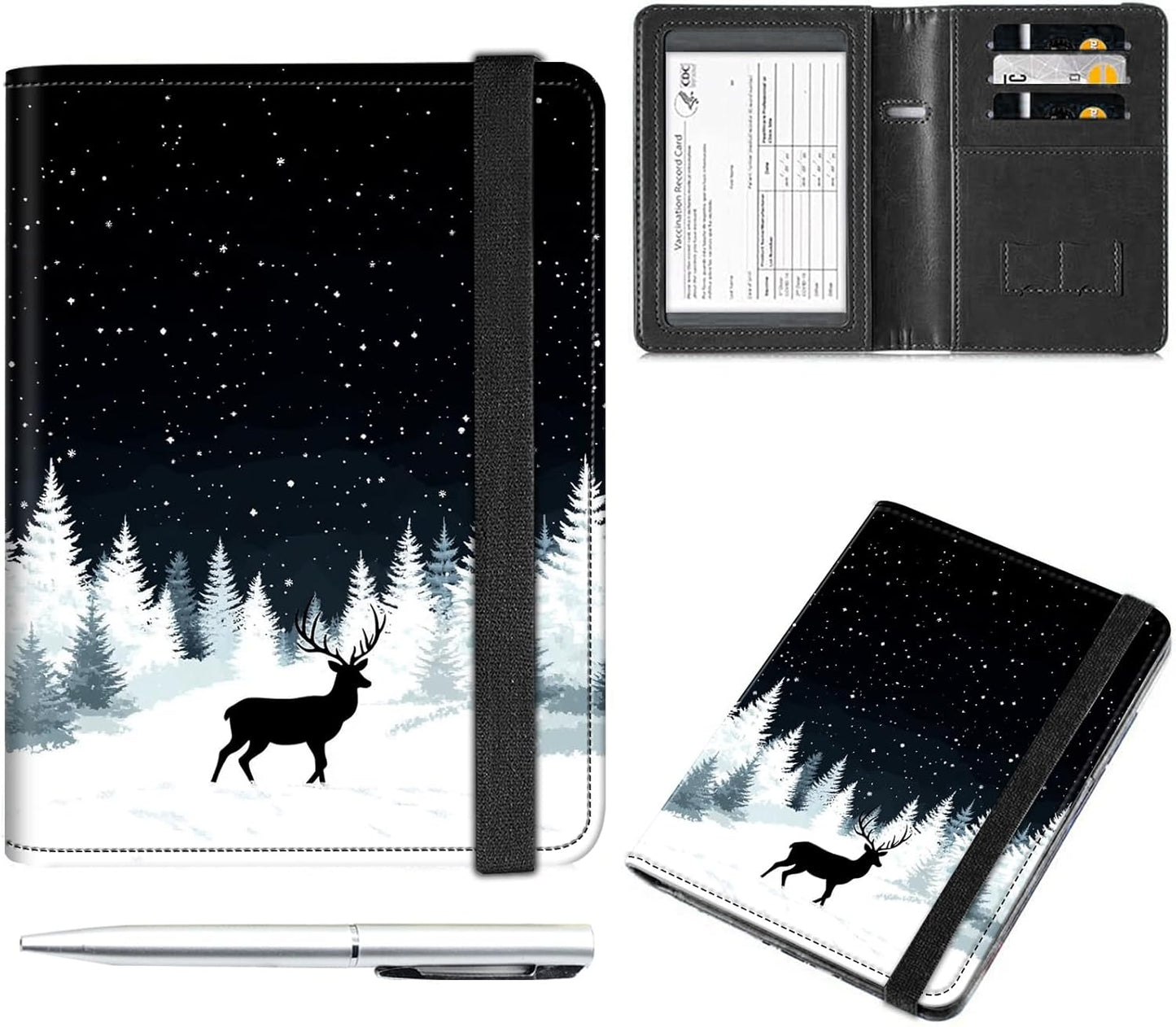 Passport and Vaccine Card Holder Cover Combo,Travel Passport Holder Wallet with RFID Blocking, Leather Vaccine Card Slot Passport Cover Case for Women & Men,Black Forest Starry Deer