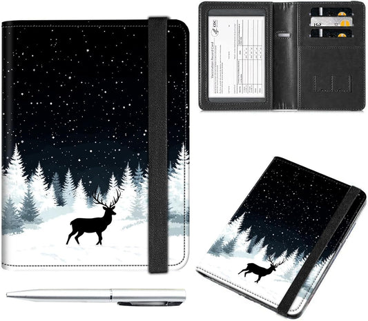 Passport and Vaccine Card Holder Cover Combo,Travel Passport Holder Wallet with RFID Blocking, Leather Vaccine Card Slot Passport Cover Case for Women & Men,Black Forest Starry Deer