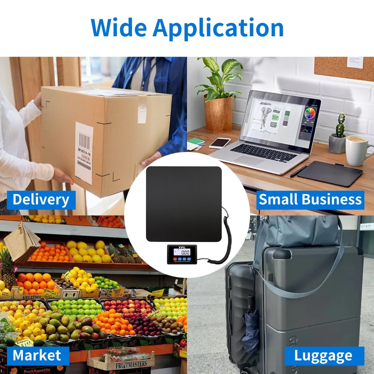 YFL Digital Shipping Postal Scale 440lb/200kg, High-Accuracy Package Scale with Hold & Tare, Large Backlit Display, for Mailing, Postage, Luggage, Warehouse – Battery & AC Adapter Included
