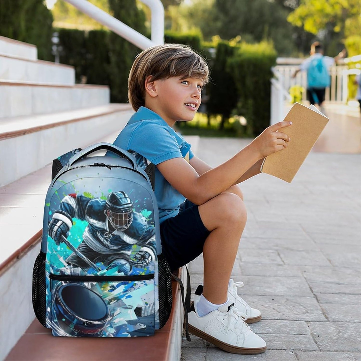 Hockey School Backpacks for Boys, Hockey Bookbag for Students Teens 10-12, 17 Inch Lightweight with Pockets Daypack Bookbag for Primary Travel Camping, Back to School Essentials