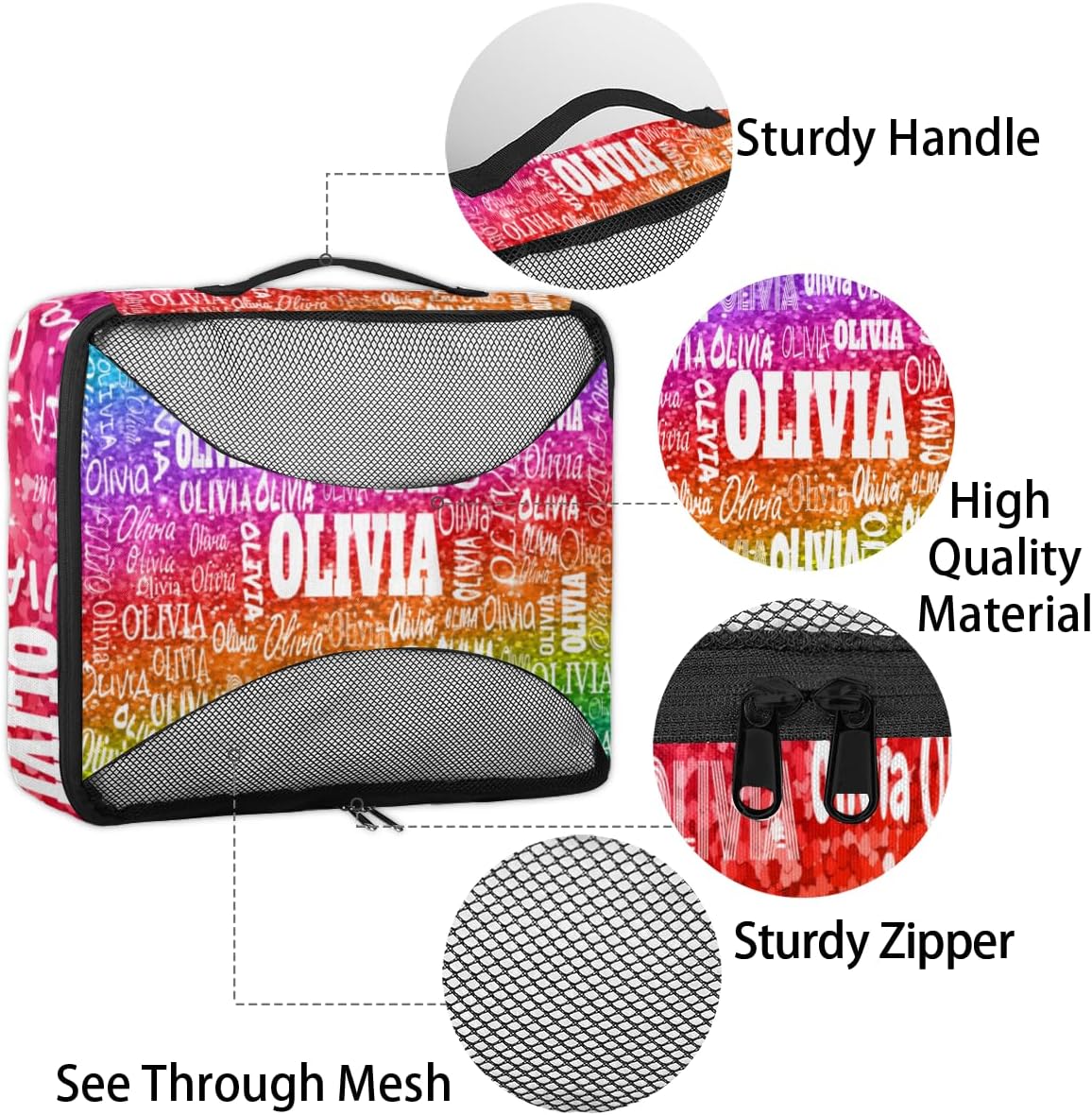 Personalized Name 4 Set Packing Cubes Luggage Packing Organizers Travel Accessories for Women Girls, Bright Colorful Rainbow Red Green Purple Sequins Glitter