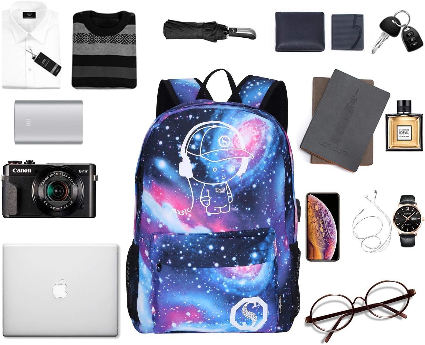 Galaxy Backpack for School, Anime Luminous Backpack College Bookbag Anti-Theft Laptop Backpack with USB Charging Port