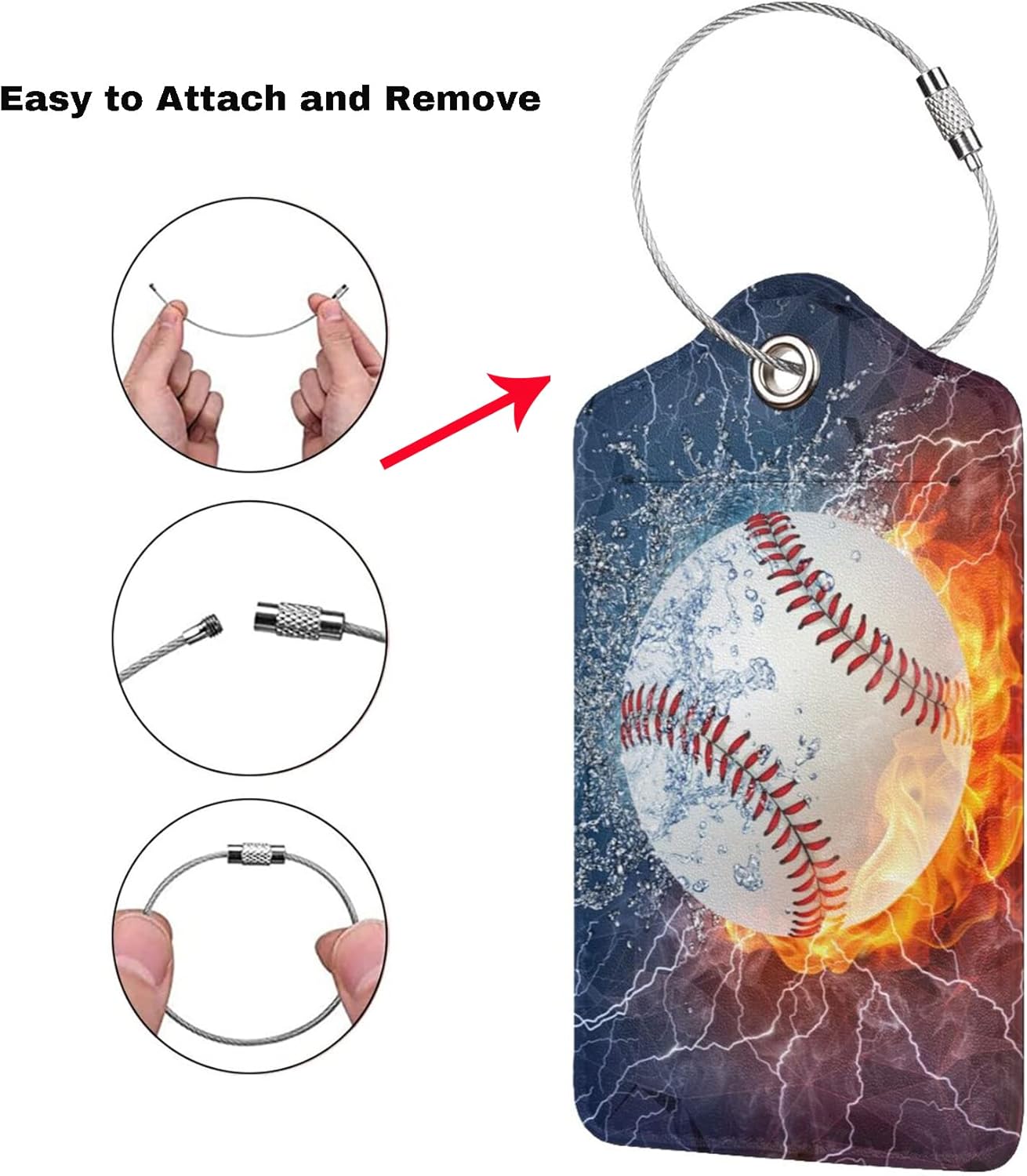 2 Packs Baseball Luggage Tags for Suitcases for Sports Men Boys Kids Travel, Name ID Card Labels Set PU Leather with Full Back Privacy Cover Stainless Steel Loop Baggage Tags