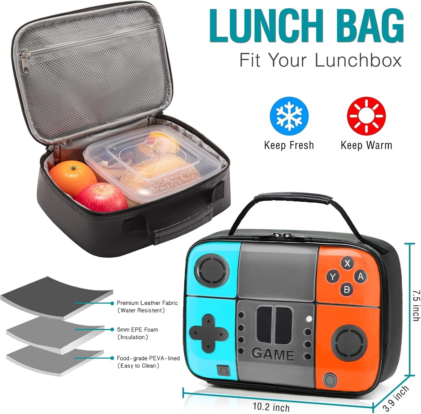 School Backpack For Boys,Gamer Kids Backpack Set with Lunch Box and Pencil Case For Elementary Middle School Student Age 6-14,17″ Video Game Bookbag For Laptop