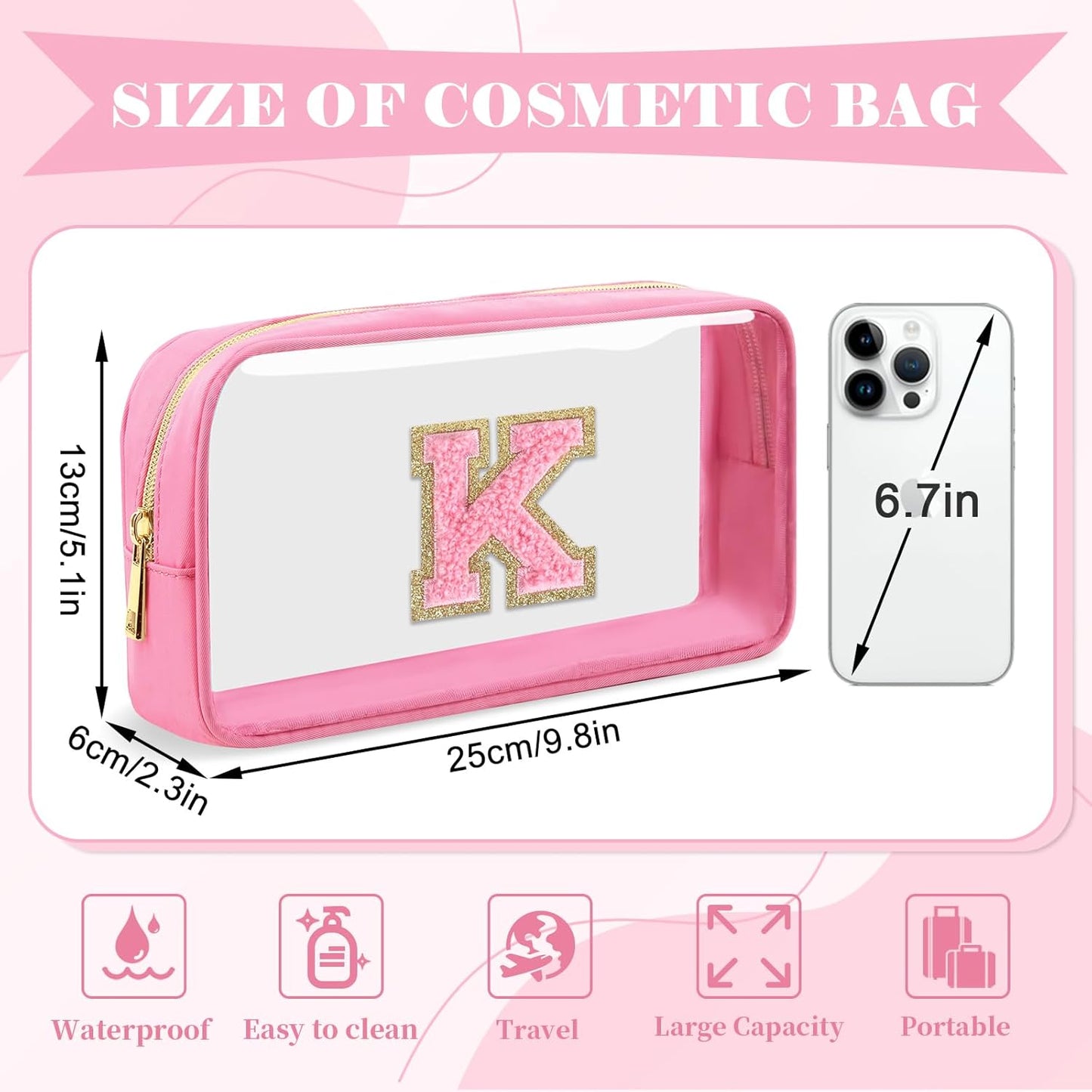 Personalized Initial Letter Clear Makeup Bag,Preppy Small Nylon&PVC Cosmetic Zipper Bag with Chenille Letter,Portable Beach Travel Skincare Toiletry Bag,Trendy Monogram Gift for Teen Girls Women,K