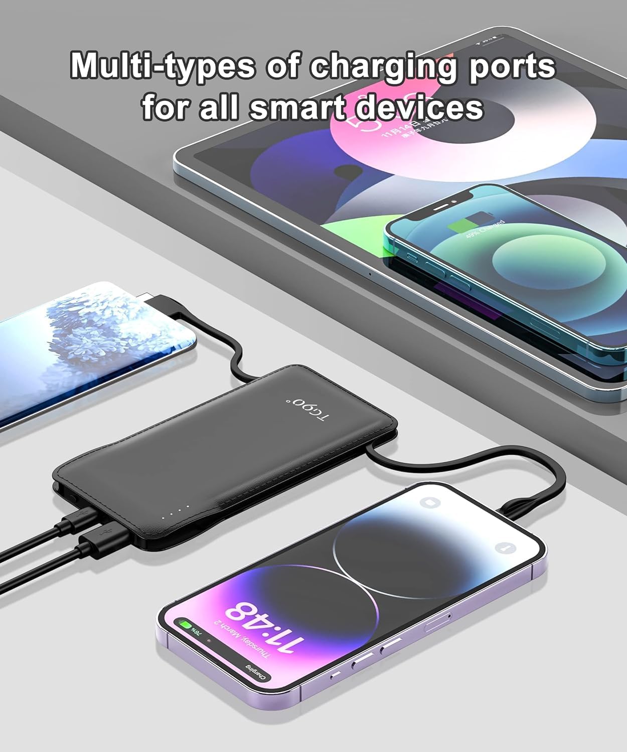 TG90° Portable Charger with Cords 10000mAh Power Bank with Built in Cables Battery Backup Cell Phone External Battery Pack Compatible with iPhone 17 16 15 14 13 12 Samsung S22 S21 Google iPad etc