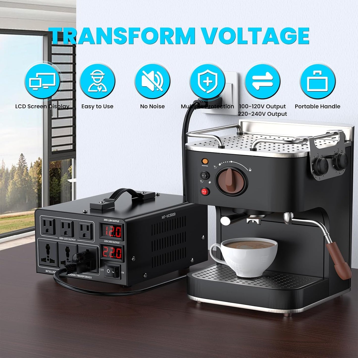 5000W Voltage Converter Transformer(110V to 220V or 220V to 110V) Step Up/Down Converter 110/120 Volt - 220/240 Volt w/US Power Cord,Circuit Breaker Protection, LCD Screen Display