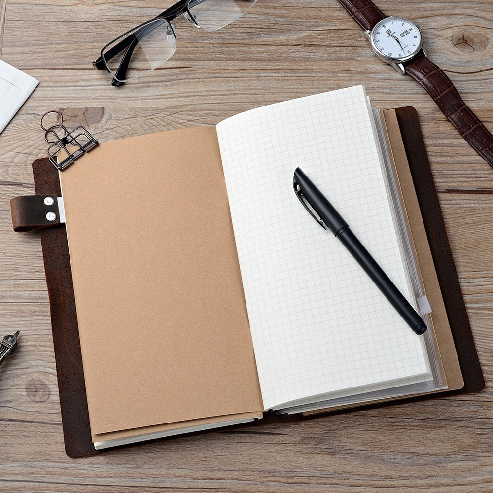 newestor Refillable Leather Journal Travelers Notebook - 8.5 x 4.5 Travel Diary with 5 Inserts +