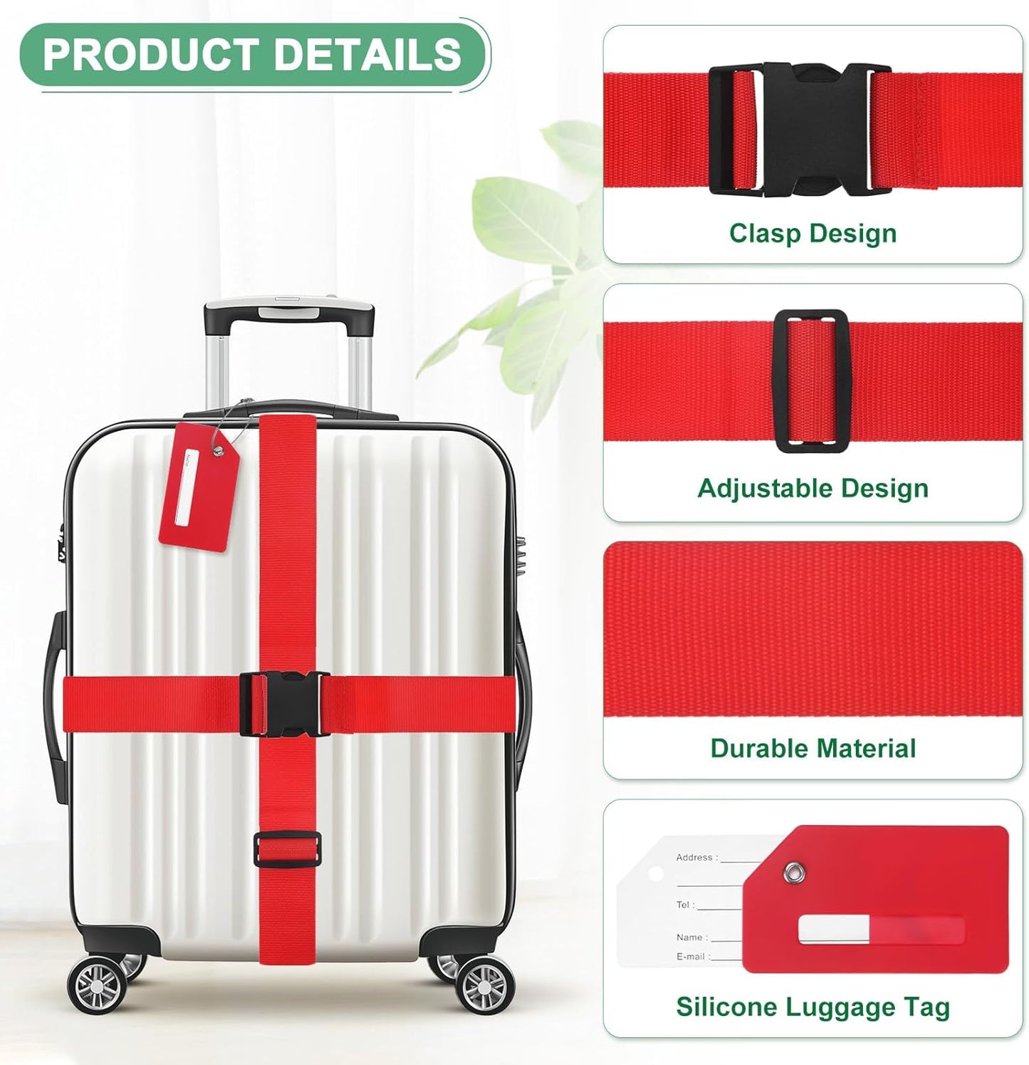 4-Sets Luggage Straps TSA Approved, Travel Straps for Luggage Suitcase Tags Set, Adjustable