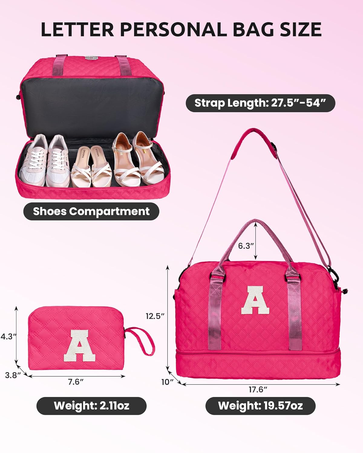 Bags for Girls, Birthday Gift-Initial Travel Bag with Shoe Compartment, Personalized Weekender Bag, Monogram Overnight Bag for Women, Letter Travel Bag with Makeup Bag (Letter E)